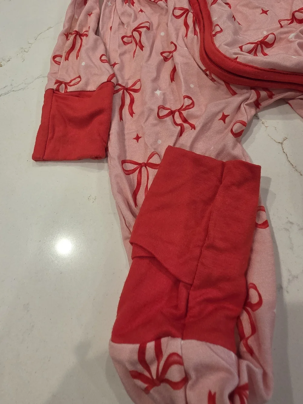 Girls' Pink Bow-Print Footed Pajamas with Red Trim